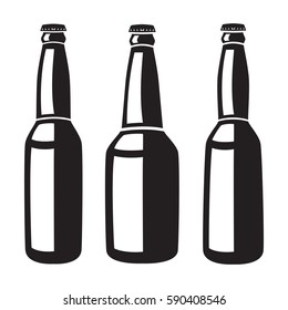 Three black beer bottles isolated on white vector illustration