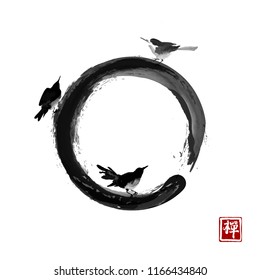 Three black birds and enso zen circle. Traditional Japanese ink painting sumi-e. Hieroglyph - zen