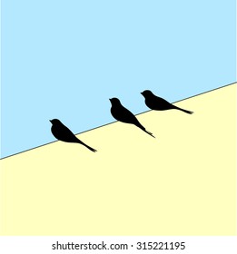 Three black birds sitting on wire. Blue and yellow background.