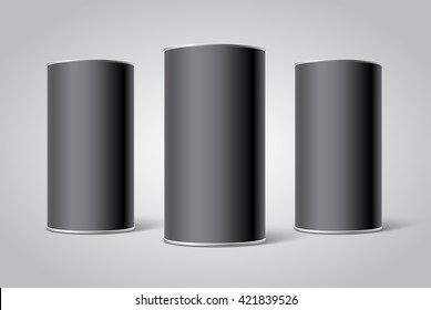 Three Black Blank Tin can packaging mockup. Tea, coffee, dry products, gift box.