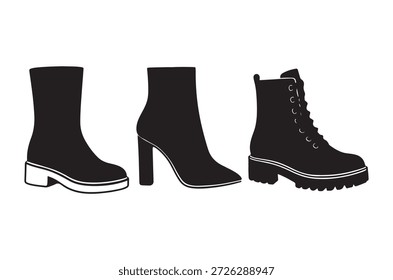 três botas pretas com calcanhar diferente e desenhos de sola são mostrados na ilustração