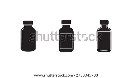Three black bottles with caps on white background medical or chemical containers no labels or branding