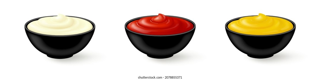 Three black bowls of mayonnaise, tomato ketchup and mustard sauces isolated on white background. Realistic vector illustration. Side view.