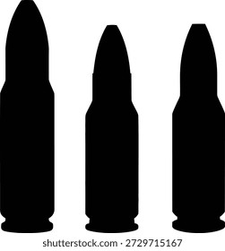 Três silhuetas de bala preta em tamanhos diferentes isoladas em fundo transparente arma de fogo 1