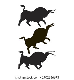 Three black bulls. Dynamic wild bulls silhouettes. Angry animals group in different poses. Side view. Drawn buffaloes. Spanish bullfight. Isolated flat vector illustration set. Farm logo, trademark.
