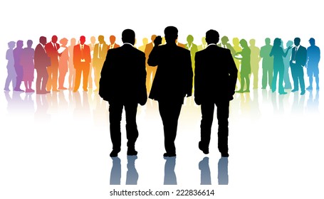 Three black businessmen going towards a crowd of colorful people 