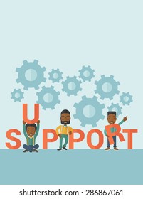 Three Black businessmen holding a letter, it is a support message they need help from others. Teamwork concept. A contemporary style with pastel palette soft blue tinted background. Vector flat design