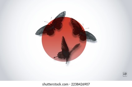 Trois papillons noirs sur un cercle rouge. Sumi-e, peinture japonaise traditionnelle à l'encre. Traduction de l'hiéroglyphe - esprit.