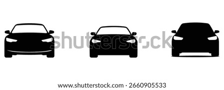 three black car silhouettes facing forward on a white background, showcasing their front designs and automotive features in a simple illustration