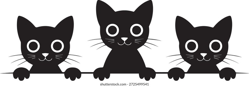 Tres gatos negros de la historieta con los ojos grandes que se asoman sobre una superficie