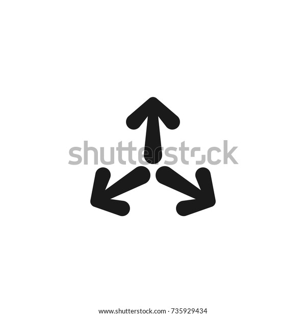 Three black cartoon rounded\
arrows point out from the center. Expand Arrows icon. Outward\
Directions icon. Vector illustration. Isolated on white. black and\
white