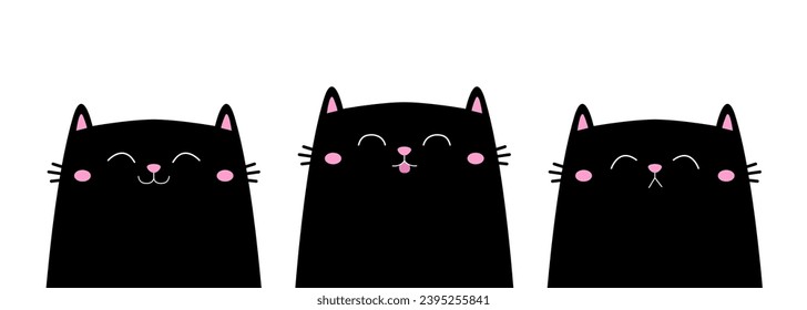 Three black cat kitty kitten set. Sad, happy surprised emotion. Funny banner. Cute kawaii cartoon character. Valentines Day. Greeting card, tshirt, sticker print. Yellow background. Flat design Vector