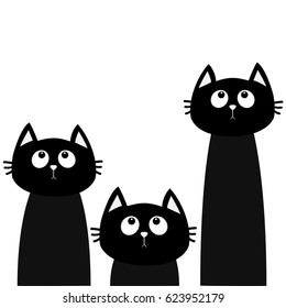 Three black cat set looking up. Friends forever. Cute cartoon character. Kawaii animal. Love Greeting card. Flat design style. White background. Isolated. Vector illustration