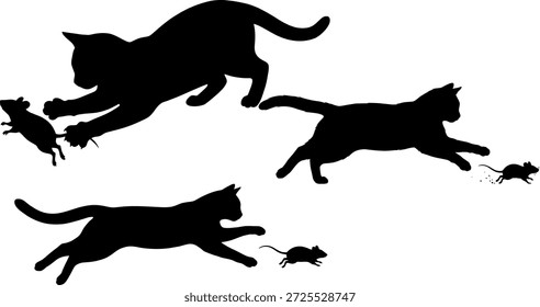 Tres siluetas de gato negro persiguiendo ratones en movimiento juguetón