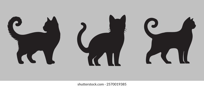 Three black cat silhouettes in different poses with curled tails, set against a plain gray background