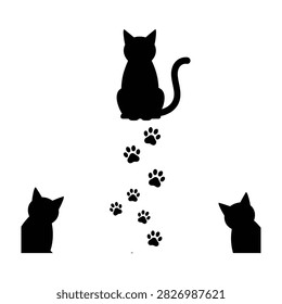 Three black cat silhouettes on white background, one sitting with paw prints leading to two watching, cute and playful feline friends, pet lovers, animal behavior