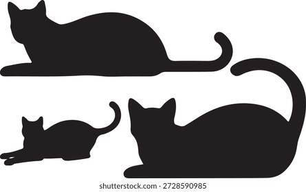 Três silhuetas de gato preto descansando no fundo branco Diferente Poses animais domésticos