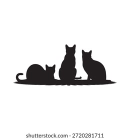 Three black cat silhouettes sitting together against a plain white background