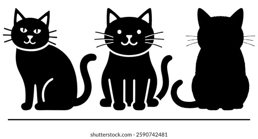 Three black cat silhouettes, varied poses, simple design, feline icons, graphic art, pet illustration, animal outlines.