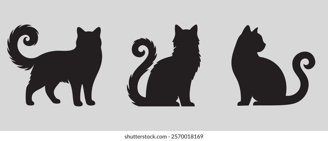 Three black cat silhouettes in various poses with curled tails, displayed on a neutral gray background