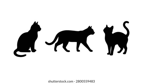 Three black cat silhouettes in various poses against a white background silhouette cats feline felines domestic housecat kitten