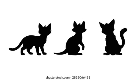 Three black cat silhouettes in various poses against a white background silhouette feline domestic housecat kitten