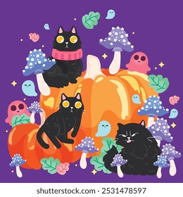 Tres gatos negros con ojos anaranjados brillantes se sientan juguetonamente entre calabazas, hongos manchados y pequeños fantasmas lindos. Las hojas coloridas y las estrellas brillantes se suman a la mágica escena de Halloween.