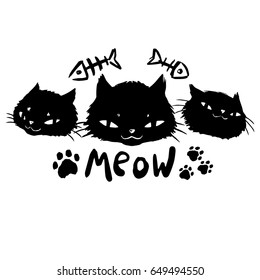Three black cats, fish bones and traces, black and white, hand drawn sketch, isolated, vector