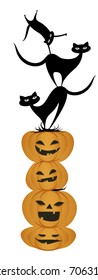 Three black cats on Halloween pumpkins. Vector Illustration. Isolated