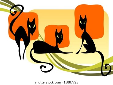 Three black cats on a striped background. Halloween  illustration.