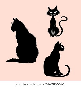 Three black cats are sitting on a pink background. The cats are all different sizes and have different expressions. One cat has a frown on its face, while the other two have their eyes wide open