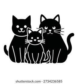 Three black cats sitting together in a simple graphic style kitten animal