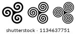 Three black celtic triskelion spirals over white. Triple spirals with two, three and four turns. Motifs of twisted and connected spirals, exhibiting rotational symmetry. Isolated illustration. Vector.