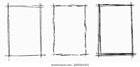 Three black charcoal frames, sketched empty borders for texts and images, freehand graphic design elements. Vector illustration.