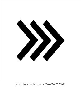 Three black chevron arrows pointing right. Simple fast forward icon for media, UI navigation, digital controls, player interface, and direction indicators.