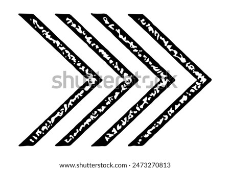 Three black chevron arrows pointing right, with a textured design. Vector illustration.