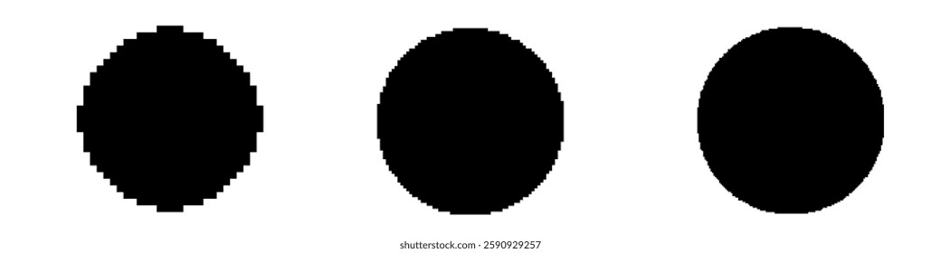 Three black circles vary in size and pixelation, showcasing a transition in digital detail.