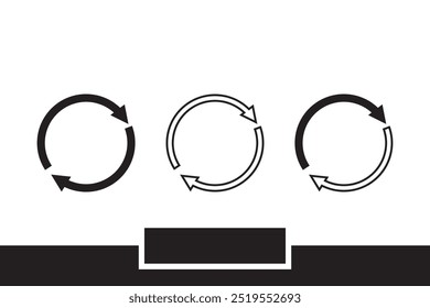 Three black circular arrows in various designs, including solid, outlined, and double-line styles, symbolizing rotation, cycle, or repeat actions, with a clean, minimalist look.