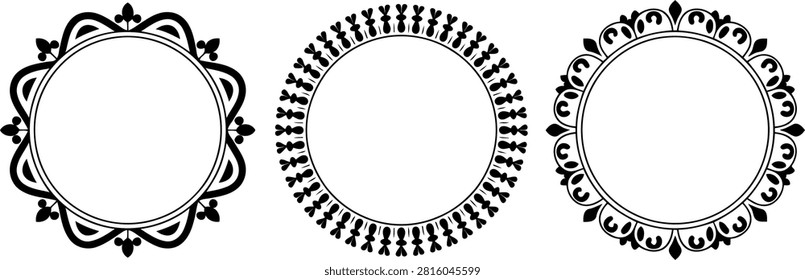 Three black circular frames with unique decorative borders including petal Transparent Background