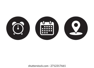 Tres iconos circulares negros con un reloj despertador, una cuadrícula de calendario y un símbolo de pin de ubicación sobre un fondo blanco.