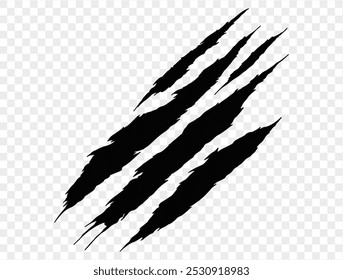 Three black claw scratches isolated on a transparent background. Perfect for Halloween designs, horror themes, and animalistic effects.