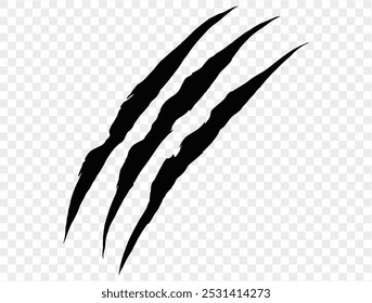 Three black claw scratches isolated on a transparent background. Perfect for Halloween designs, horror themes, and animalistic effects.