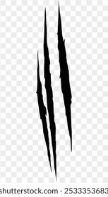 Three black claw scratches isolated on a transparent background. Perfect for Halloween designs, horror themes, and animalistic effects.