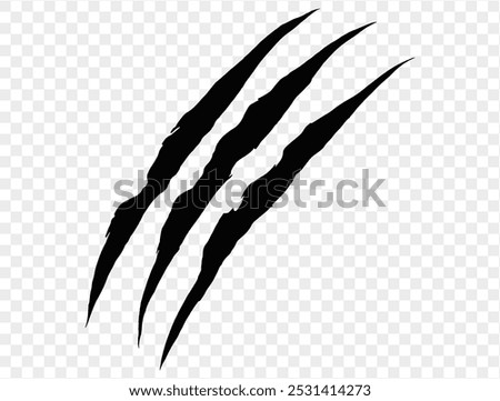 Three black claw scratches isolated on a transparent background. Perfect for Halloween designs, horror themes, and animalistic effects.