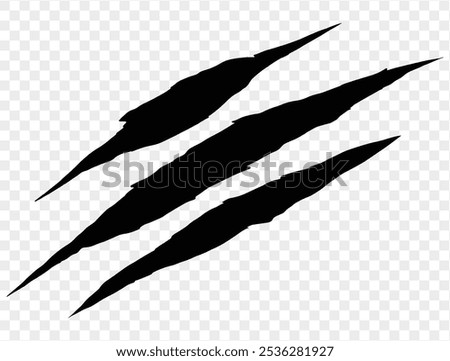 Three black claw scratches isolated on a transparent background. Perfect for Halloween designs, horror themes, and animalistic effects.