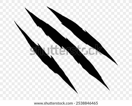 Three black claw scratches isolated on a transparent background. Perfect for Halloween designs, horror themes, and animalistic effects.