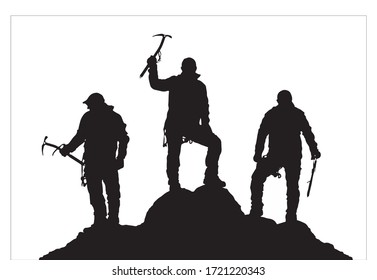 Three Black Climbers With Ice Axe In Hand Ont Top Of Mount On White Background, Mountain Climbing, Vector Illustration Logo