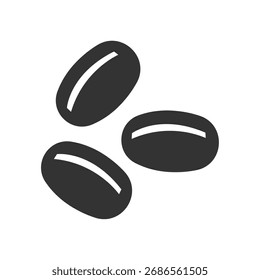 Três grãos de café preto isolados sobre fundo branco - Ilustração vetorial para logotipo do café, design moderno de bebidas e embalagem mínima