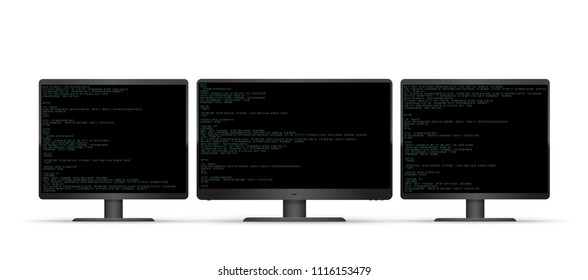 Three black computer monitors with code on white background. Triple monitor computer super wide screen device. PC desktop programming template