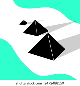 Drei schwarze Kegel bilden eine Pyramide mit weißem Hintergrund mit einem blauen Wellenmuster an der Seite
